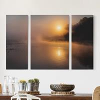 Bilderwelten 3-teiliges Leinwandbild Natur & Landschaft Sonnenaufgang am See mit Rehen im Nebel