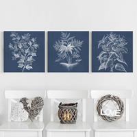 Bilderwelten 3-teiliges Leinwandbild Botanik - Quadrat Denim Pflanzenstudie Set I
