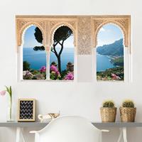 Klebefieber 3D Wandtattoo Verzierte Fenster Ausblick vom Garten aufs Meer