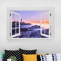 Klebefieber 3D Wandtattoo Offenes Fenster Leuchtturm am Morgen