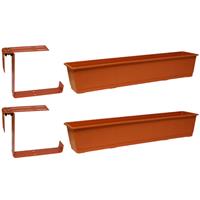Geli Set van 2 kunststof plantenbakken terracotta rechthoekig 80 cm met 4 verstelbare railing beugels