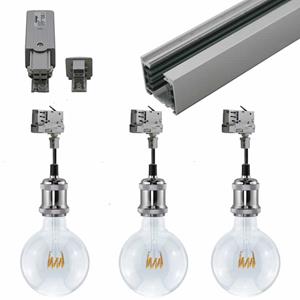 Spanningsrail zilver 2 meter met 3x filament lamp met retrofitting E27