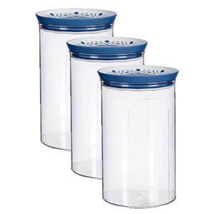 Stefanplast 3x stuks voorraadpot/bewaarpot transparant/blauw met deksel L12xB12xH18 cm - 1200 ml - Kunststof voorraadpotten