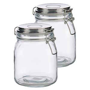 Vivalto Set van 2x stuks glazen luxe keuken voorraadpotten/voorraadbussen 1000 ml- Voorraadbussen luchtdichte klepdeksel zilver - 11 x 15 cm