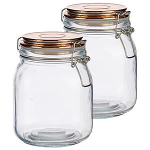 Vivalto Set van 2x stuks glazen luxe keuken voorraadpotten/voorraadbussen 1000 ml- Voorraadbussen luchtdichte klepdeksel koper - 11 x 15 cm