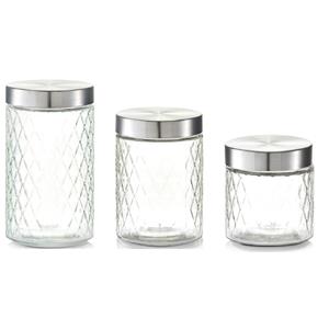 Zeller 6x Glazen keuken voorraadpotten/bewaarpotten 750/1200/1500 ml geruit - Voedsel bewaren/opslaan/opslag