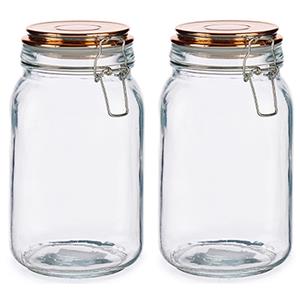 Vivalto Set van 2x stuks glazen luxe keuken voorraadpotten/voorraadbussen 1500 ml- Voorraadbussen luchtdichte klepdeksel koper - 11 x 20 cm