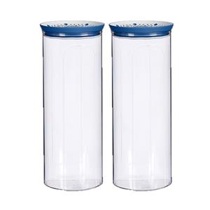 Stefanplast 4x stuks voorraadpot/bewaarpot transparant/blauw met deksel L12xB12xH28 cm - 2200 ml - Kunststof voorraadpotten