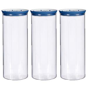 Stefanplast 5x stuks voorraadpot/bewaarpot transparant/blauw met deksel L12xB12xH28 cm - 2200 ml - Kunststof voorraadpotten