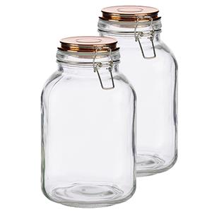 Vivalto Set van 2x stuks glazen luxe keuken voorraadpotten/voorraadbussen 3000 ml- Voorraadbussen luchtdichte klepdeksel koper - 14 x 23.5 cm