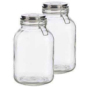 Vivalto Set van 2x stuks glazen luxe keuken voorraadpotten/voorraadbussen 3000 ml- Voorraadbussen luchtdichte klepdeksel zilver - 14 x 23.5 cm