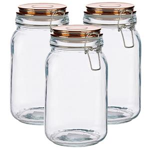 Vivalto Set van 3x stuks glazen luxe keuken voorraadpotten/voorraadbussen 1500 ml- Voorraadbussen luchtdichte klepdeksel koper - 11 x 20 cm