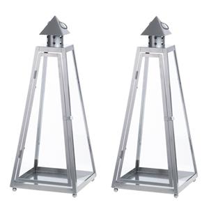 Fancy Flames Set Van 2x Stuks Zilveren Tuin Lantaarn/windlicht Van Ijzer 21,8 X 21,8 X 54,3 Cm antaarns