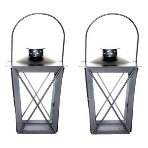 Fancy Flames Set van 2x stuks zilveren tuin lantaarn/windlicht van ijzer 12 x 12 x 20 cm -