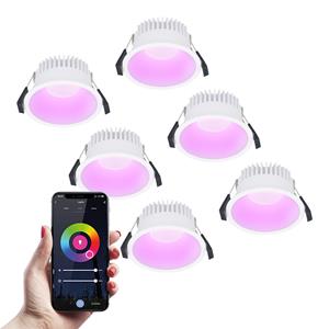 HOFTRONIC SMART 6x Finn Smart LED inbouwspot - 10 Watt - Plafondspot - RGBWW - WiFi + Bluetooth - 630 Lumen - Binnen & buiten - Verzonken spot - Amazon Alexa + Google Assist - Wit
