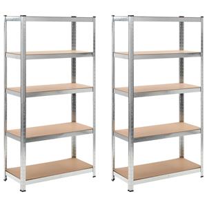 vidaXL Ablageregal »Lagerregale mit 5 Böden 2 Stk. Silbern Stahl & Holzwerkstoff«, 2-tlg.