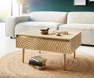 DELIFE Couchtisch Budaya Mango Natur 80x60 cm 2 Schubfächer Fuß rund
