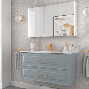 Muebles Renoir 100cm lichtblauw badkamermeubel met keramische wastafel en langwerpige handgrepen goud