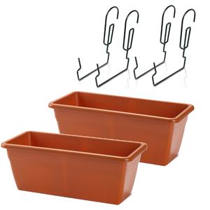 Forte Plastics 2x stuks hangende reling plantenbakken terracotta rechthoekig 40 x 18 x 15 cm met setjes kunststof beugels