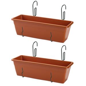 Forte Plastics 2x stuks hangende reling plantenbakken terracotta rechthoekig 50 x 17 x 15 cm met kunststof ophang beugels