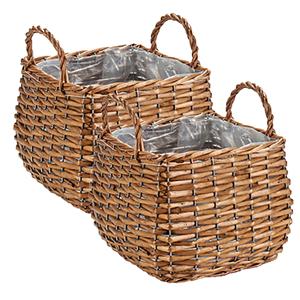 Ibergarden Set van 2x stuks plantenbak manden gevlochten riet met binnenmand 23 x 23 x 15 cm - Voor binnen/buiten