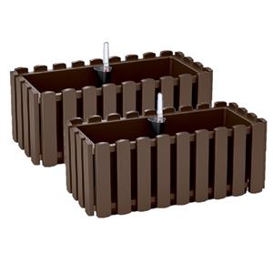 Prosperplast 2x stuks fence-look plantenbakken/bloembakken kunststof 38 x 18 x 16 cm houtbruin met handige droogtemeter voor binnen/buiten