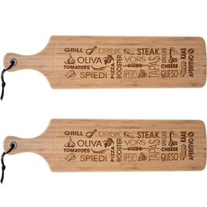 Secret De Gourmet 2x Stuks tapas serveerplank met handvat rechthoek 59 x 15 cm van bamboe hout - Serveerplank - Broodplank