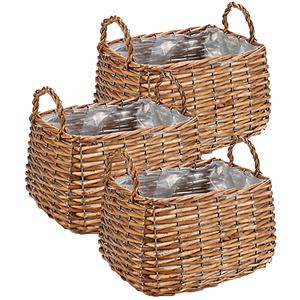 Ibergarden Set van 3x stuks plantenbak manden gevlochten riet met binnenmand 26 x 21 x 16 cm - Voor binnen/buiten