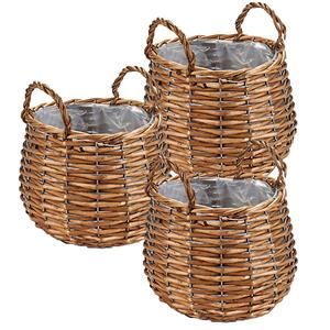 Ibergarden Set van 3x stuks plantenbak manden gevlochten riet met binnenmand 23 x 23 x 15 cm - Voor binnen/buiten