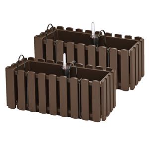 Prosperplast 2x stuks fence-look ophang plantenbakken/bloembakken kunststof 38 x 18 x 16 cm houtbruin met handige droogtemeter voor binnen/buiten