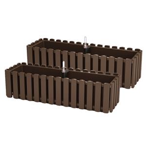 Prosperplast 2x stuks fence-look plantenbakken/bloembakken kunststof 58 x 18 x 16 cm houtbruin met handige droogtemeter voor binnen/buiten