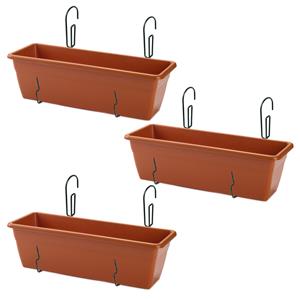 Forte Plastics 3x stuks hangende reling plantenbakken terracotta rechthoekig 50 x 17 x 15 cm met kunststof ophang beugels