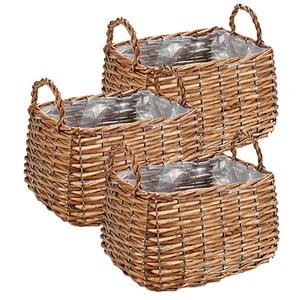 Ibergarden Set van 3x stuks plantenbak manden gevlochten riet met binnenmand 26 x 21 x 16 cm - Voor binnen/buiten