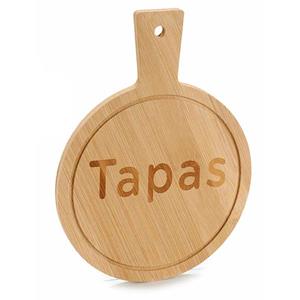 Voedsel/hapjes/tapas ronde serveerplank van bamboe 19 x 14 cm met handvat