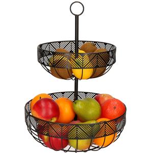 Trendoz Dubbele etagere fruitschaal/fruitmand rond zwart metaal 30 x cm -