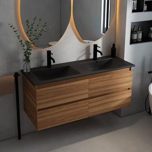 Fontana Rovigo badmeubel 120cm met zwarte wastafel met kraangaten walnoot
