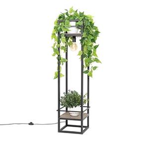 Qazqa Industriële Vloerlamp Zwart Met Hout - Cage Rack