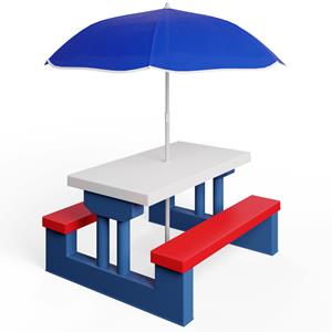 Kindersitzgruppe Sonnenschirm Tisch Bänke uv Schutz Waschbar Abgerundete Ecken Indoor Outdoor Picknicktisch Kindertisch mit Stühlen Garten - Spielwerk