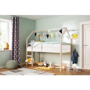 Lüttenhütt Hochbett »Janne« aus schönem massivem Kiefernholz, Einzelbett, in einer Haus-Optik Form, inklusive praktischer massiver Holzleiter und Paneele, in verschiedenen F