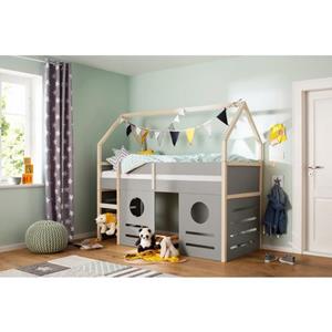 Lüttenhütt Hochbett »Janne« aus schönem massivem Kiefernholz, Einzelbett, in einer Haus-Optik Form, inklusive praktischer massiver Holzleiter und Paneele, in verschiedenen F