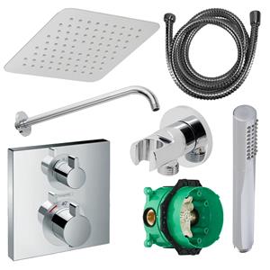 Hansgrohe Ecostat Regendoucheset Inbouw Wanduitloop met Handdouche en Hoofddouche 30cm Thermostaat Vierkant Chroom