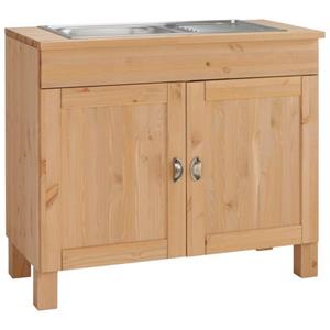 Home affaire Gootsteenkast Oslo 100 cm breed, in 2 diepten, inclusief inbouwspoelbak van edelstaal, met 23 mm dik werkblad, van massief grenen, metalen grepen