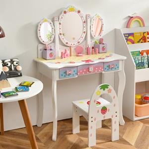 costway Kaptafel voor Kinderen met Drievoudige Spiegel Kinder Kaptafel en Stoel met 3 Lades 2 Opbergdozen Make-Up Kaptafel met Krukje Wit