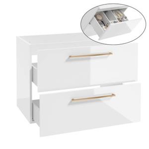 LOMADOX Waschtischunterschrank mit Metallgriffen in kupfer, 80 cm breit mit 2 Schubkästen, in weiß Hochglanz lackiert MESSINA-107, B/H/T: ca. 80/60/45 cm