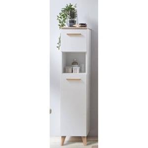 LOMADOX Badezimmer Midischrank mit Füßen DOVER-66 in Weiß Glanz mit 3D Kante in Riviera Eiche Nb., B/H/T ca. 30/134,5/33 cm weiß