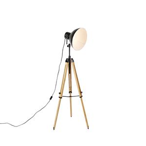 QAZQA Industriële tripod vloerlamp zwart met hout - Mangoes