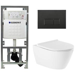 QeramiQ Salina Toiletset - rimless - Geberit inbouwreservoir - diepspoel wandcloset - softclose - quickrelease - bedieningspaneel met rechthoekige knoppen - mat zwart - wit 0701131/SW706189/sw96855/sw