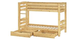 Erst-Holz Etagenbett 90x200 Kiefer massiv mit Rollrost und Bettkasten natur Gr. 90 x 200