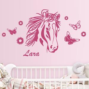 Klebefieber Wunschtext-Wandtattoo Kinderzimmer 10-teilig Wunschtext-Pferd mit Blumen