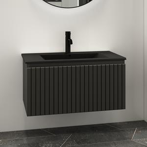Fontana Lento zwart badkamermeubel ribbelfront zwarte wastafel 80cm 1 kraangat